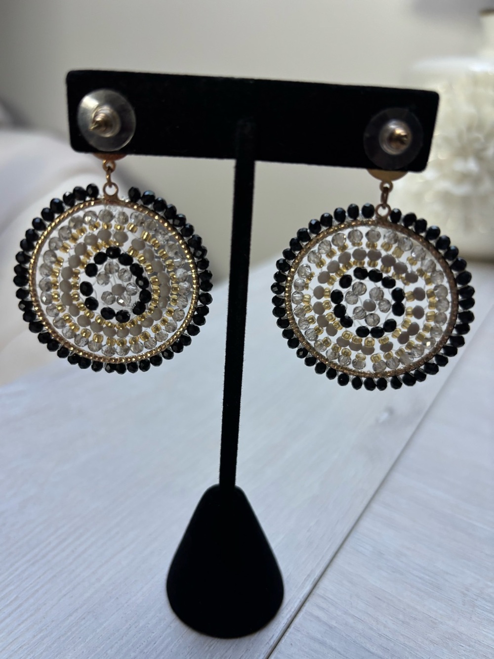 Black and Gold Beaded Disc Earrings